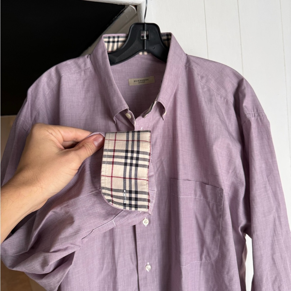 Burberry Lavender Button Down Shirt with Checkered Trim